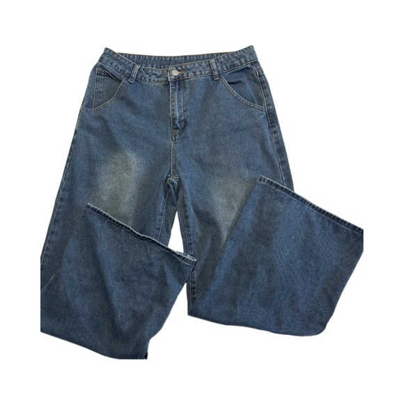 No Tags Unisex Baggy Wide Leg Y2K Denim Jeans Blue Size 14 16 34 Waist - Picture 1 of 2